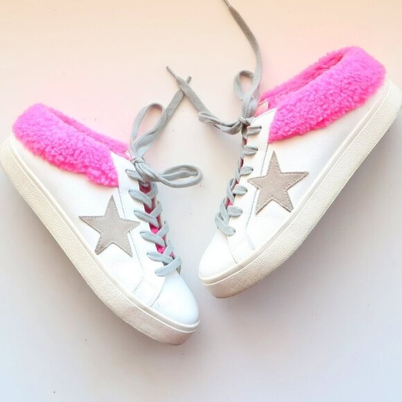 Steve Madden Polaris White Leather & Pink Sherpa Lace-up Star Sneakers Shoes 8 - Picture 6 of 16